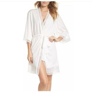 NWT Flora Nikrooz Womens Edie Cotton Lace Knit Short Wrap Robe S White MSRP $88
